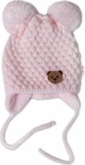 BABY NELLYS Zimní pletená čepice Teddy Bear na zavazování, růžová
