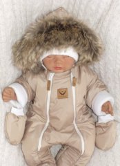 Z&Z Zimní kombinéza s dvojitým zipem, kapucí a kožešinou + rukavičky, Angel - béžový
