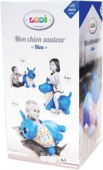 LUDI Pes baby skákací modrý set zvířátko s pumpičkou a šátkem se jmenovkou