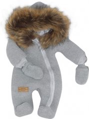 Z&Z Zimní kombinéza s kapucí a kožešinou + rukavičky, šedá, vel. 74