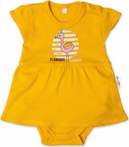 Baby Nellys Bavlněné kojenecké sukničkobody, kr. rukáv, Flamingo - hořčicové, vel. 80