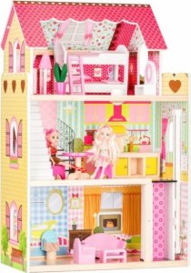 ECO TOYS Dřevěný domeček pro panenky s výtahem + 2 panenky - Malinová rezidence