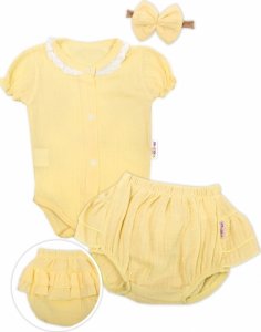 Baby Nellys 3-dílná mušelínová soupravička, body, kraťasky + čelenka GIRL, žlutá, vel. 62
