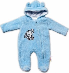 Baby Nellys Chlupáčkový overálek s kapucí, Cute Bunny - modrý, vel. 62