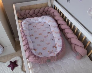 Baby Nellys Oboustranné hnízdečko, kokon Vafel, bavlna LUX, 60 x 90 cm - Duha, pudrová