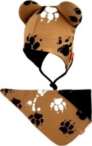 Bexa dvouvrstvá čepice na zavazování s oušky + šátek - Tlapky, hnědá, vel. 62/68
