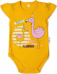 Baby Nellys Bavlněné kojenecké body, kr. rukáv, Flamingo - hořčicové, vel. 62