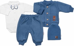 5-dílná pletená sada Baby Nellys, Boy, body, kalhoty, svetr, čepička, motýlek - modrá,80