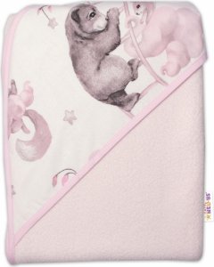 Dětská termoosuška s kapucí Baby Nellys, Zvířátka na mráčku, 100 x 100 cm, růžová