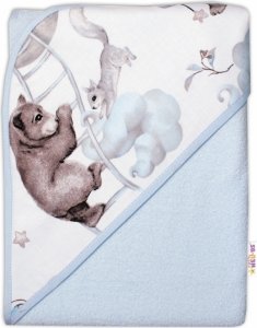 Dětská termoosuška s kapucí Baby Nellys, Zvířátka na mráčku, 100 x 100 cm, modrá