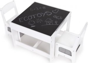 Dětský dřevěný nábytek Eco toys, stoleček s tabulí + dvě židličky - bílá/šedá