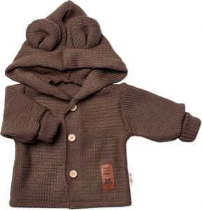 Dětský elegantní pletený svetřík s knoflíčky a kapucí s oušky Baby Nellys, hnědý, vel. 62