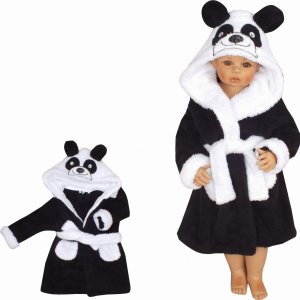 Z&amp;Z Luxusní chlupáčkový župan s kapucí a páskem, Panda - černá
