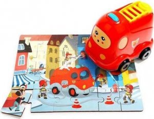 Puzzle Hasičské auto, dřevěné s hračkou
