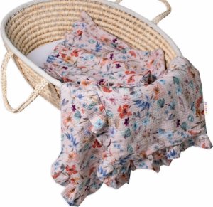 Luxusní dvouvrstvá mušelínová deka s volánky, Květy, Baby Nellys 120 x 120 cm, pudrová