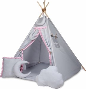 Stan pro děti týpí Baby Nellys + výbava - šedý s růžovými bambulkami