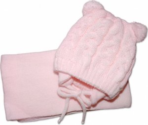 Zimní pletená kojenecká čepička s šálou TEDDY - sv. růžová, vel. 62/68