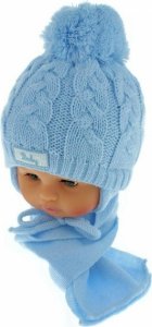 BABY NELLYS Zimní pletená čepička s šálou Baby Bear - modrá s bambulkou