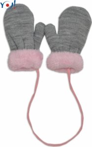 YO! Zimní kojenecké rukavičky s kožíškem - se šňůrkou YO - šedé/růžový kožíšek, 98/104