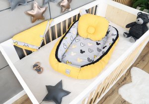 Baby Nellys Sada komplet oboustranné hnízdečko Vafel, 60 x 90 cm - Mickey, žlutá, šedá