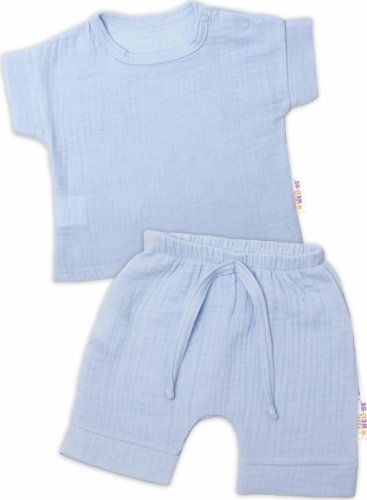 Baby Nellys 2-dílná mušelínová soupravička, tričko + kraťasky BOY, světle modrá, vel. 62