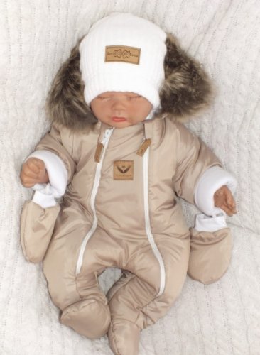 Z&Z Zimní kombinéza s dvojitým zipem, kapucí a kožešinou + rukavičky, Angel - béžový