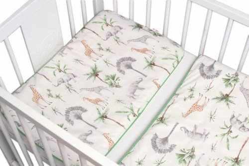 Baby Nellys 2-dílné bavlněné povlečení Safari - bílá s potiskem/zelená, 135x100cm