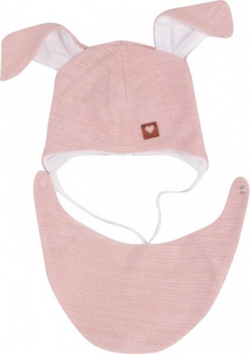 Z&Z Dvouvrstvá pletená čepice na zavazování s šátkem 2v1, Zajíček - růžová, vel. 62