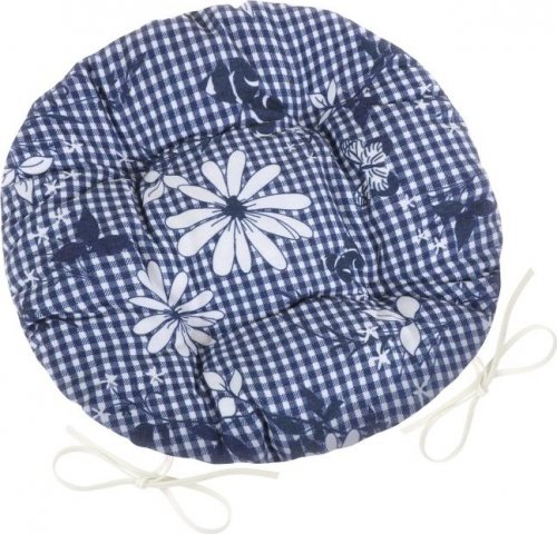 Sedák DITA kulatý prošívaný - průměr 40 cm - modrá kostička s květem