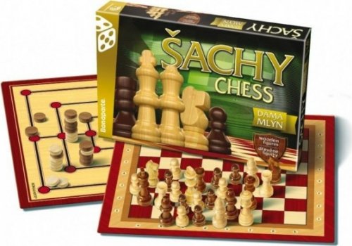 Šachy, dáma, mlýn dřevěné figurky a kameny společenská hra