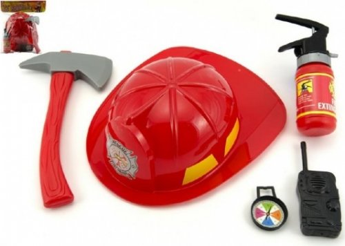 Hasičská sada helma/přilba + hasičák stříkací vodu plast 5ks