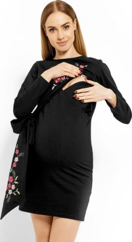 Be MaaMaa Elegantní těhotenské šaty, tunika s výšivkou a stuhou - černé, XXL (kojící)