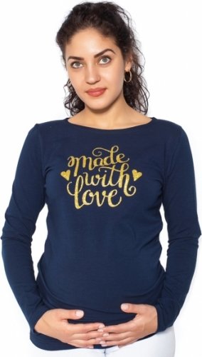 Be MaaMaa Těhotenské triko dlouhý rukáv Made with Love - tm. modrá - XL