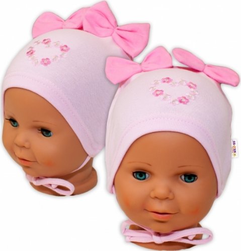 Bavlněná čepička na zavazování Baby Nellys s mašličkami - sv. růžová