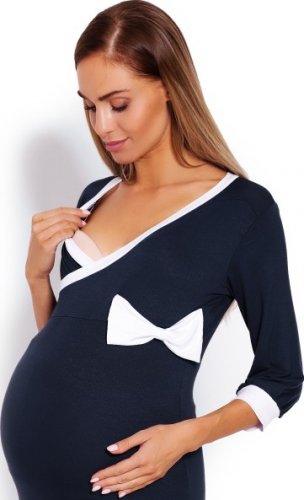 Be MaaMaa Pohodlná těhotenská, kojící noční košile s mašlí - tm. jeans, vel. L/XL