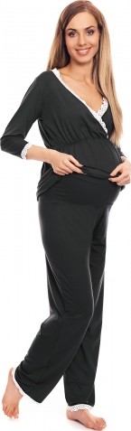 Be MaaMaa Těhotenské, kojící pyžamo s krajkovým lemováním - grafitové, vel. L/XL