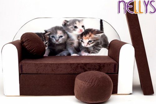 NELLYS Rozkládací dětská pohovka 32R - Kočičky v hnědé