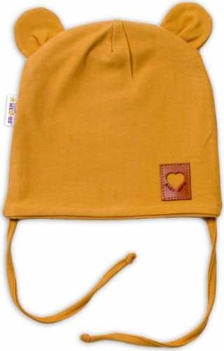 Baby Nellys Bavlněná dvouvrstvá čepice s oušky na zavazování TEDDY - hořčicová