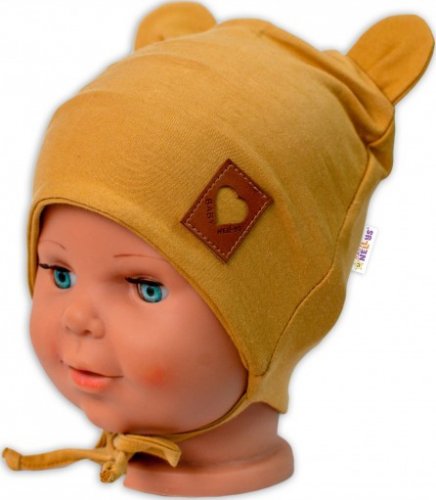 Baby Nellys Bavlněná dvouvrstvá čepice s oušky na zavazování TEDDY - hořčicová